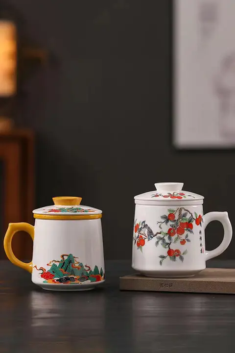 白瓷製 マグカップ【蓋付き・フィルター付・陶磁器】（セットアップ対応）