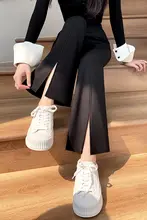 高腰フレアパンツ【ブラック・軽やかなドレープ・スリットデザイン】