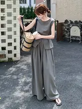 グレー 無袖 収腰 コットンリネンタンクトップとワイドパンツ【感あるスタイル】（セットアップ対応）