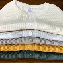 厚手コットンワッフルヘンリーネック長袖Tシャツ【アメリカンカジュアル・ヴィンテージ工装スタイル】