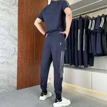 高弹性アイスシルクストライプカジュアルセット【メンズ・薄手・丸首・短袖・長ズボン】（セットアップ対応）