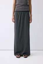 夏用 コットン混紡のウエストゴム付きストレートロングスカート【後ろスリットデザイン・優雅なシルエット】