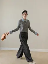 学院風グレーのニットカーディガン【ショート丈・フィットデザイン・秋用】