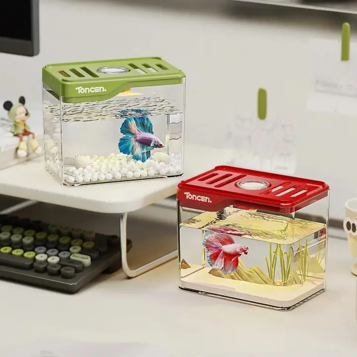 透明プラスチック製の防破・防水の小型エコ水槽【デスクトップ用・金魚飼育】