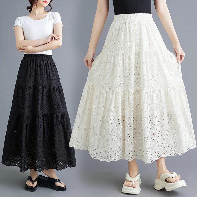 夏用透かし刺繍の無地ハーフスカート【Aライン・スリム効果・軽量デザイン】 きれいめコーデに最適なアイテム