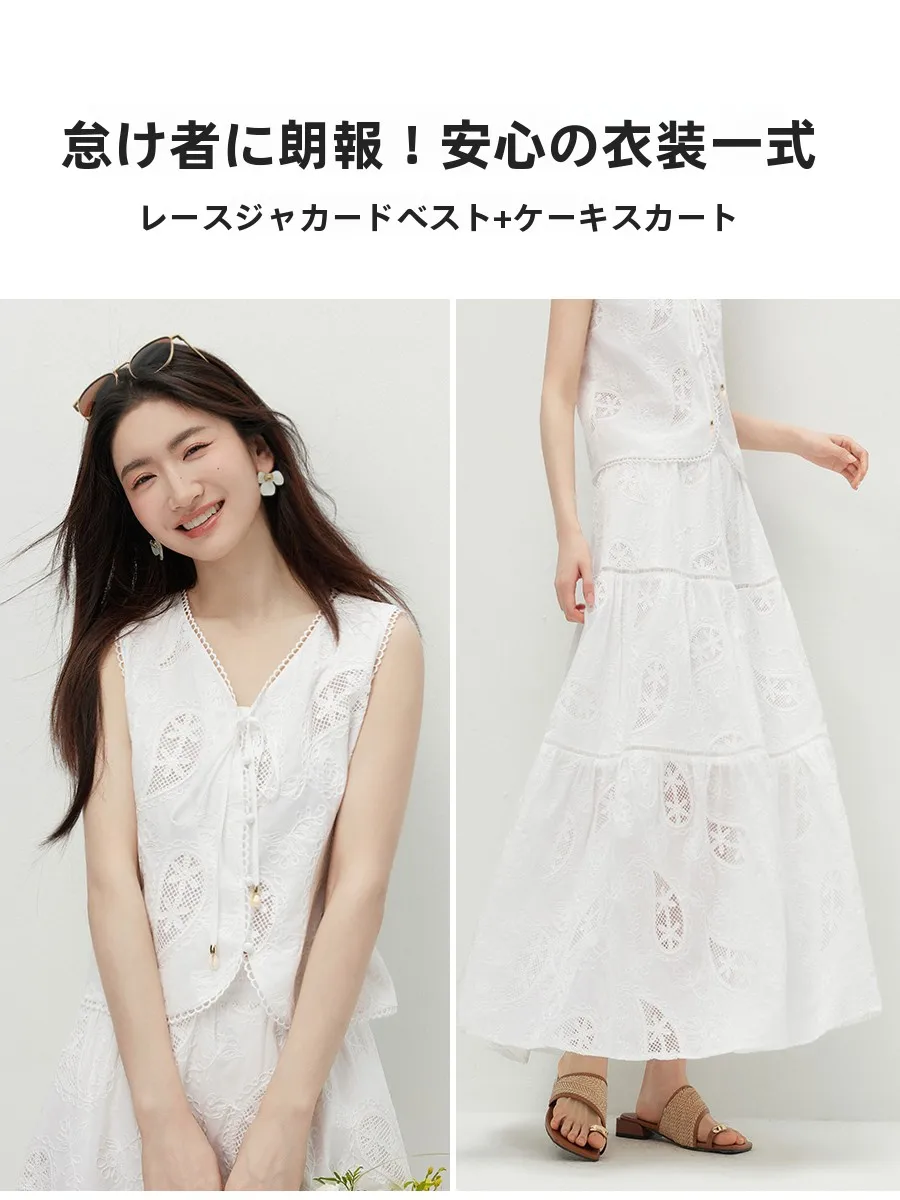 通勤用ホワイトドレスセット：レース刺繍とフレンチデザインで春のカジュアルスタイルを実現