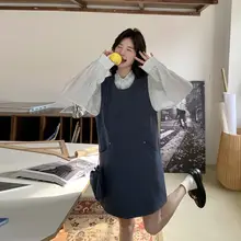 青いキャミソールとワンピースのコーディネート【秋用・カジュアル・学院風・韓国スタイル】（セットアップ対応）