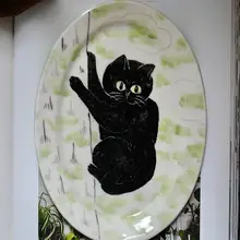 手描き猫デザインのオーバル陶器プレート【家庭用・朝食用・可愛いペットデザイン】