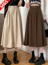 カーキ色ウール製ハイウエストAラインスカート【秋春用・ロング丈・大きいサイズ対応】
