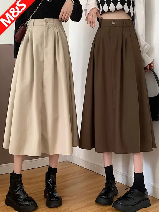 カーキ色ウール製ハイウエストAラインスカート【秋春用・ロング丈・大きいサイズ対応】
