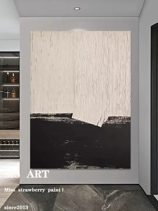 MS手描き油絵【モノクロミニマル抽象アート・リビングと玄関の装飾用】