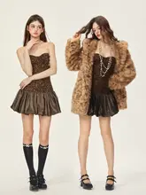 GirlyFancyClub 肌見せフラワーデザインタフタチュニックワンピース【ヒョウ柄・ポンポンスカート】