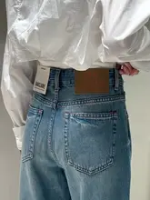 高腰デニムパンツ【ブルー・スリム効果・無伸縮・ワイドレッグ】