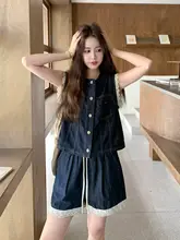 レトロレース付きデニムトップスとショートパンツ【夏用・女性向け・甘くてクールなデザイン】（セットアップ対応）