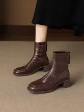 黒いレザー女性用ブーツ【加毛・保温・ショートブーツ・スクエアトゥ・太ヒール】