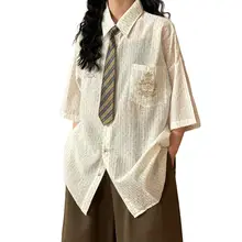 夏用レトロ学院風刺繍入りボタンシャツ【カジュアル・ショートスリーブ・リボン付き】