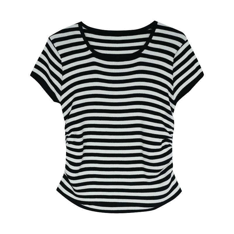 ストライプニットポロ衿ラウンドネックTシャツ【女性用・ショートスリーブ・体型カバー・夏用】