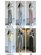 涼しげなブルーのワイドレッグパンツ【高腰・サテン風・夏用・フィット】（セットアップ対応）