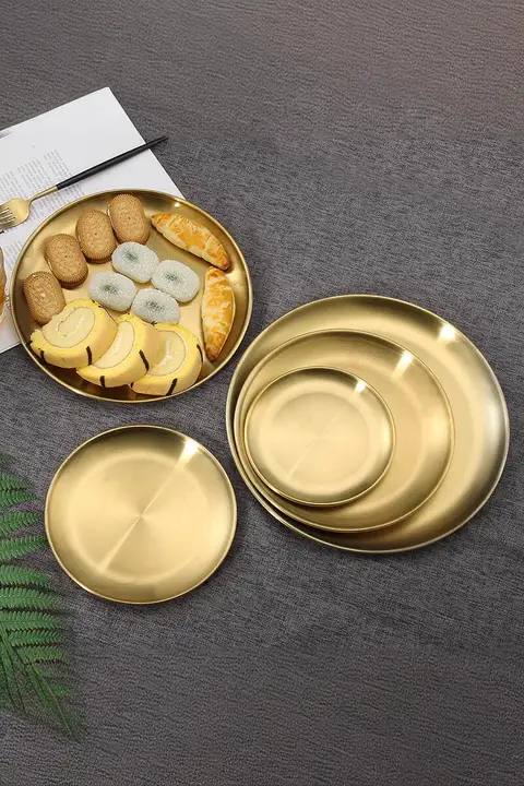デザイン金色ステンレス製ラウンドプレート【カフェ用・装飾収納トレー】