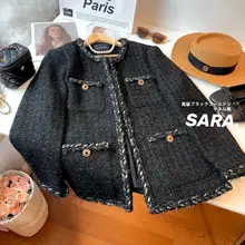 ブラックゴールドウールコート【金属ボタン・ツイード風・春秋用・ゆったりデザイン】