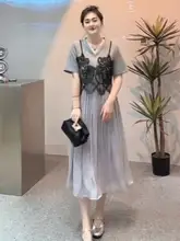 レース切り替えのフレンチスタイルドレス【大きいサイズ・着痩せ効果・夏用】（セットアップ対応）