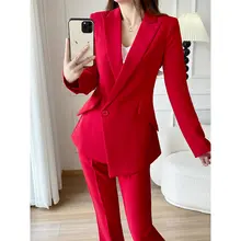 高級感あふれる 赤色のジャケットとワイドパンツ【春秋向け・女性用・気質デザイン】（セットアップ対応）
