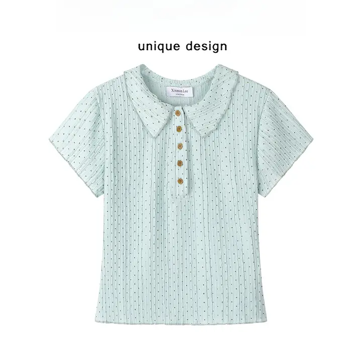 可愛らしいデザインのドット柄ショートスリーブTシャツ【夏用・フリル付き・女性用】