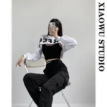 ジャズスタイルのレディーストップス【レタープリント・レイヤード・ショートビスチェ・秋用】（セットアップ対応）