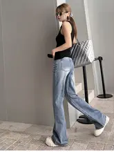 ハイウエストデニムパンツ【水洗い加工・ダメージデザイン・ストレートワイド・フレアブーツカット】