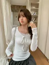 リボン付きレース長袖Tシャツ【女性用・極上の柔らかさ・フィットデザイン】