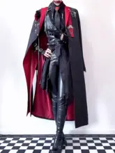 コスプレ用ロングコート【赤い裾のナイトハンター風・ウエストリボンデザイン・メンズ用】（セットアップ対応）