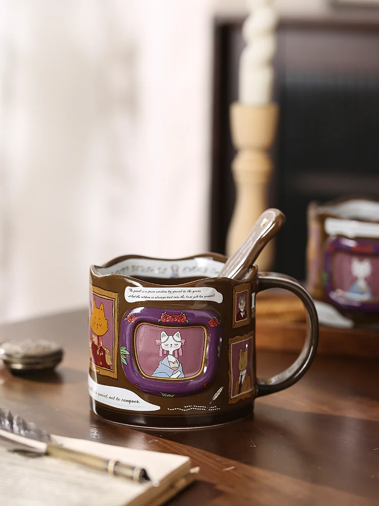 猫のギャラリーのファンタジーストーリー！レトロデザインのセラミックマグカップ