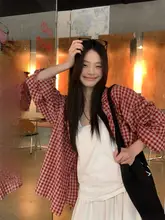 フィット赤いチェック柄UVカットシャツ【女性用・春夏・ルーズシルエット】