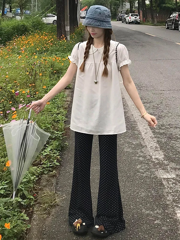 ドット ワイドパンツはどんな風に着る？長身向けのネイビー・フレアデザインが解決する通勤とレジャーの悩み