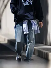 デニムパンツ メンズ ウォッシュ加工 ダメージ加工 ストレート ルーズシルエット シティボーイ ストリート ヴィンテージ「Bellken」