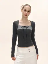 秋春用バイカラーリボン付きTシャツ【ドット柄・ストライプ・スクエアネック・極上の柔らかさ】（セットアップ対応）