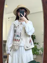 花柄チェックデザインの刺繍ベスト【コットンリネン・ゆったりフィット・重ね着に最適】（セットアップ対応）