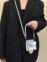 折りたたみ式スマートフォンケース【チェック柄・秋冬毛羽立つデザイン・猫型ポケット・手提げストラップ付き】