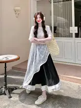 提花デザインのフリル付 きブラウスとスカートパンツ【夏用・高級感あるファッション・カジュアルスタイル】（セットアップ対応）