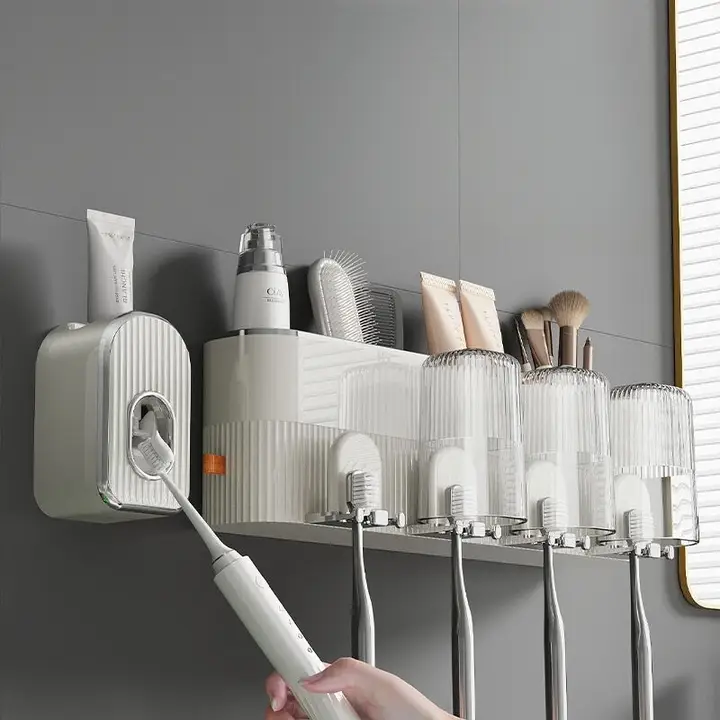 壁掛け式歯ブラシホルダー【穴あけ不要・洗面器付き・家庭用】