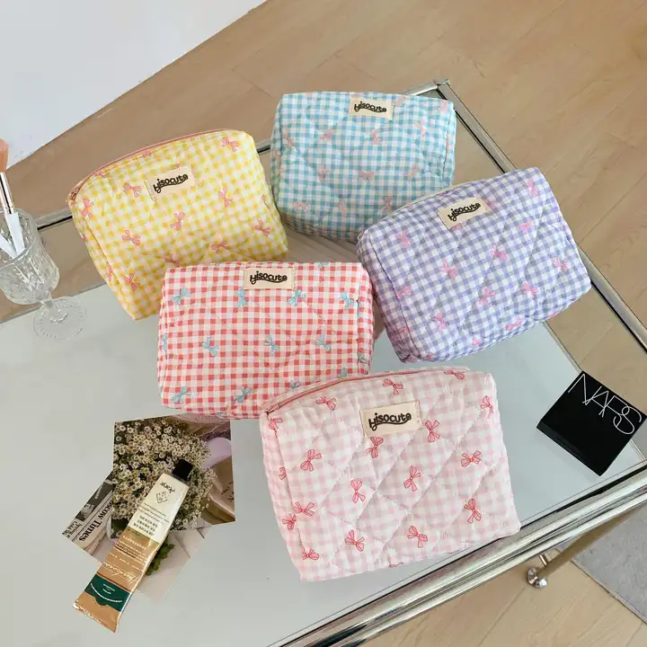 チェック柄リボンデザイン化粧ポーチ【学生向け・可愛い・携帯用】