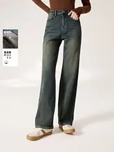 高ウエストのストレートデニムパンツ【暖かい裏起毛・スリムフィット・ハイウエスト】