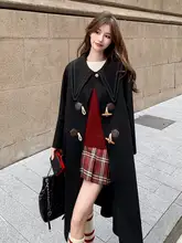 学院風の黒いドールカラーのダッフルコート【中長丈・ウール混・厚手】