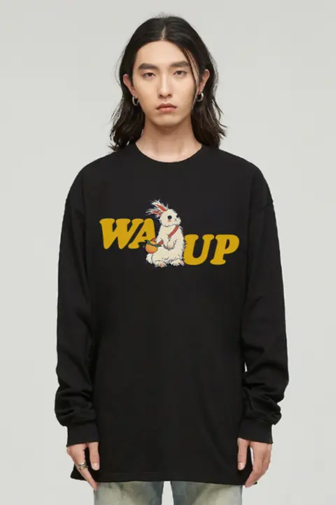 長袖Tシャツ ユニセックス クルーネック うさぎ柄 オーバーサイズ ルーズ お揃い カジュアル 春 秋 ストリート 「WASSUP HEODS」