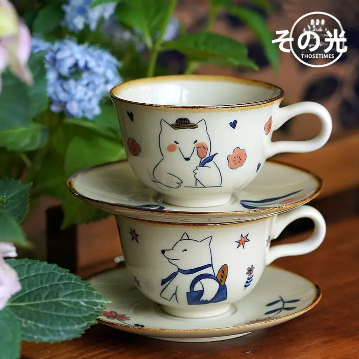 日式カートゥーンイラストの釉薬変化陶器製コーヒーカップ【アフタヌーンティー用・ラテアート対応】（セットアップ対応）