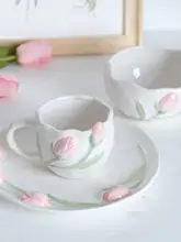 食器 カップ 皿 鉢 立体チューリップ エンボス セラミック ピンク フレンチ風 韓国風 インスタ映え ギフト