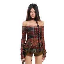 ヴィンテージチェックのオフショルダー長袖Tシャツ【秋用・透け感あり・スリムフィット】（セットアップ対応）