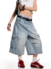 水洗加工のワークスタイルデニム七分丈パンツ【ユニセックス・アメリカンレトロ・ゆったりしたシルエット】