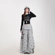 星柄デザインのワイドレッグパンツ【フィット・韓国風・軽やかな風合い】（セットアップ対応）