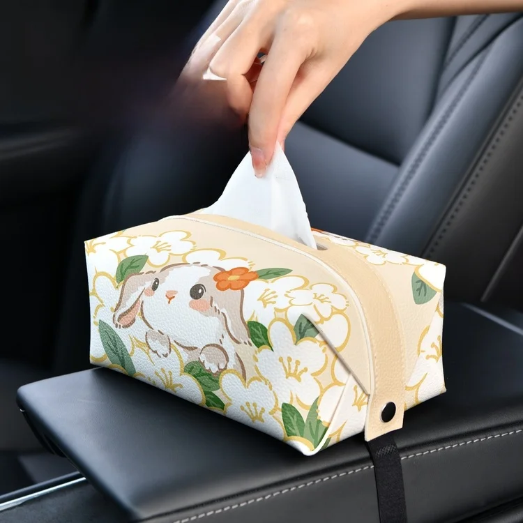 可愛いウサギデザインのレザー製ティッシュボックス：北欧風台面式でオフィスとリビングに最適